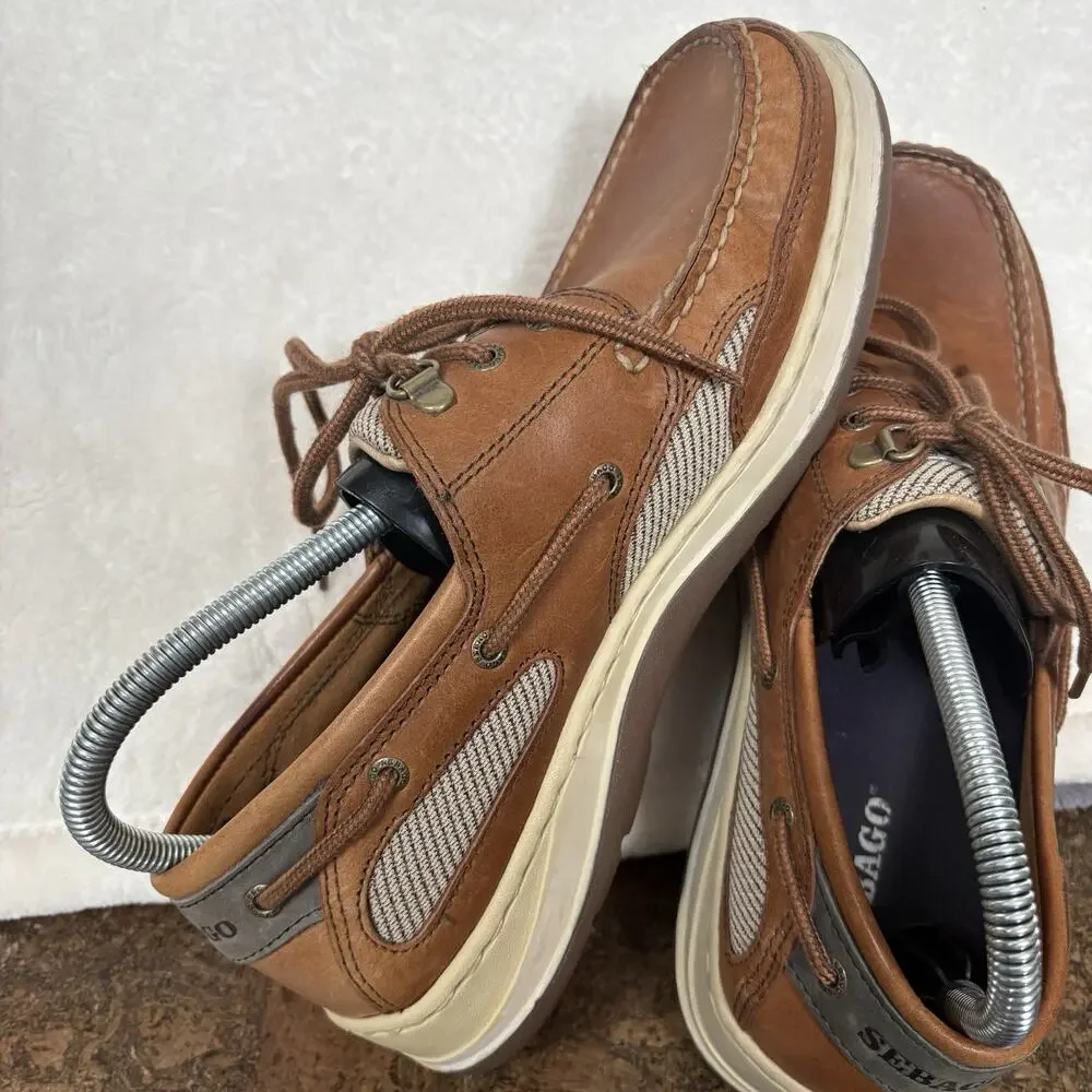 Sebago Brown Leather Boat Shoes Lace Up Comfort Deck Loafers Mens 8.5 WW
